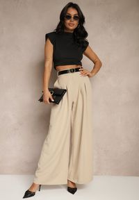 Renee - Beżowe Eleganckie Szerokie Spodnie Garniturowe z Wiskozą Ozdobione Paskiem Ravinae. Kolor: beżowy. Materiał: wiskoza. Wzór: aplikacja. Styl: elegancki