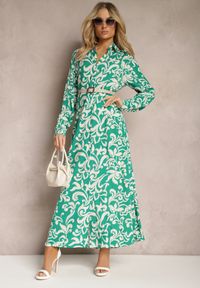 Renee - Zielona Sukienka Koszulowa w Ornamentalny Print z Wiskozy Eillo. Kolor: zielony. Materiał: wiskoza. Wzór: nadruk. Typ sukienki: koszulowe #2