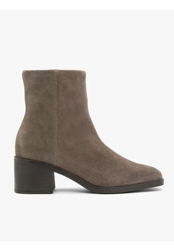 Ryłko - Szare botki na słupku ze skóry welurowej. Zapięcie: zamek. Kolor: szary. Materiał: skóra, welur. Szerokość cholewki: normalna. Obcas: na słupku. Styl: elegancki, street. Wysokość obcasa: średni