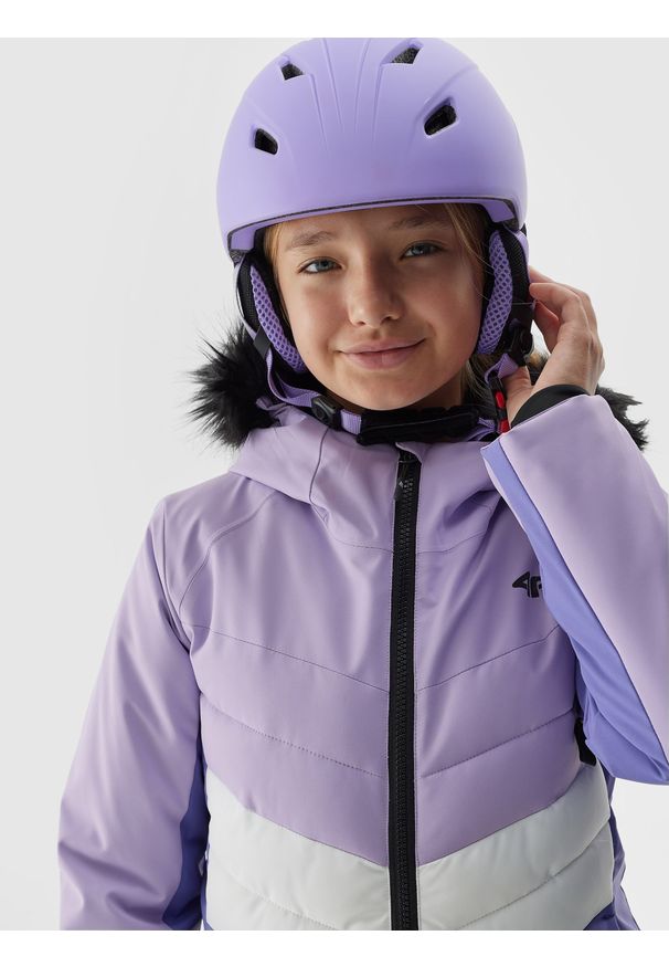 4f - Kurtka narciarska membrana 10000 dziewczęca - fioletowa. Kolor: fioletowy. Materiał: materiał, poliester, futro, syntetyk. Sezon: zima. Sport: narciarstwo