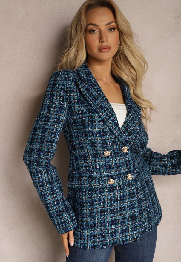 Renee - Niebieska Tweedowa Marynarka Dwurzędowa Zapinana na Biżuteryjne Guziki Nallet. Kolor: niebieski. Materiał: materiał. Styl: retro, elegancki