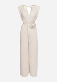 Born2be - Beżowy Wiązany Kombinezon z Prostymi Nogawkami i Wiskozą oraz Kwiatową Aplikacją Dimenna. Kolor: beżowy. Materiał: wiskoza. Wzór: aplikacja, kwiaty. Styl: elegancki #2