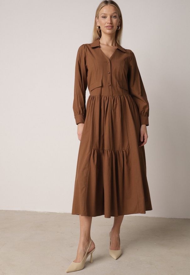 Born2be - Brązowa Bawełniano-Wiskozowa Sukienka Koszulowa z Imitacją Kieszeni Biriala. Okazja: na co dzień. Kolor: brązowy. Materiał: wiskoza, bawełna. Typ sukienki: koszulowe. Styl: casual, elegancki, klasyczny