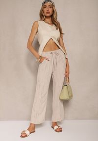 Renee - Beżowe Spodnie High Waist ze Sznurkiem Savurelle. Okazja: na co dzień. Stan: podwyższony. Kolor: beżowy. Wzór: aplikacja. Styl: sportowy, casual
