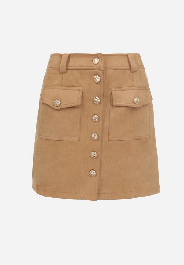 Born2be - Ciemnobeżowa Spódnica Pyrhina. Stan: podwyższony. Kolor: beżowy. Materiał: dzianina. Wzór: aplikacja, jednolity