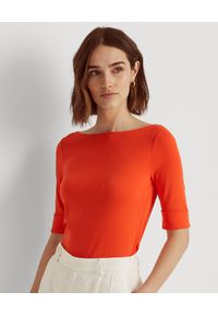 Lauren Ralph Lauren - LAUREN BY RALPH LAUREN - Pomarańczowa bluzka z bawełny Judy. Kolor: pomarańczowy. Materiał: bawełna. Wzór: haft