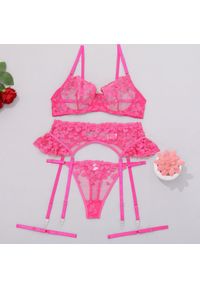 Intica - Zestaw bielizny koronkowej czteroczęściowy z pasem do pończoch Ughetta. Kolor: różowy. Materiał: koronka. Wzór: aplikacja, koronka #1
