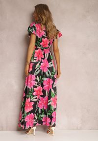 Renee - Czarno-Różowa Sukienka Lecerf. Kolor: czarny. Materiał: materiał. Wzór: kwiaty. Sezon: lato. Typ sukienki: kopertowe. Styl: elegancki. Długość: maxi #5