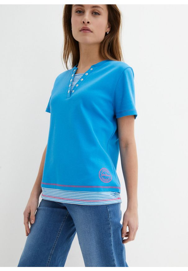 bonprix - Shirt bawełniany, w optyce 2 w 1. Kolor: niebieski. Materiał: bawełna