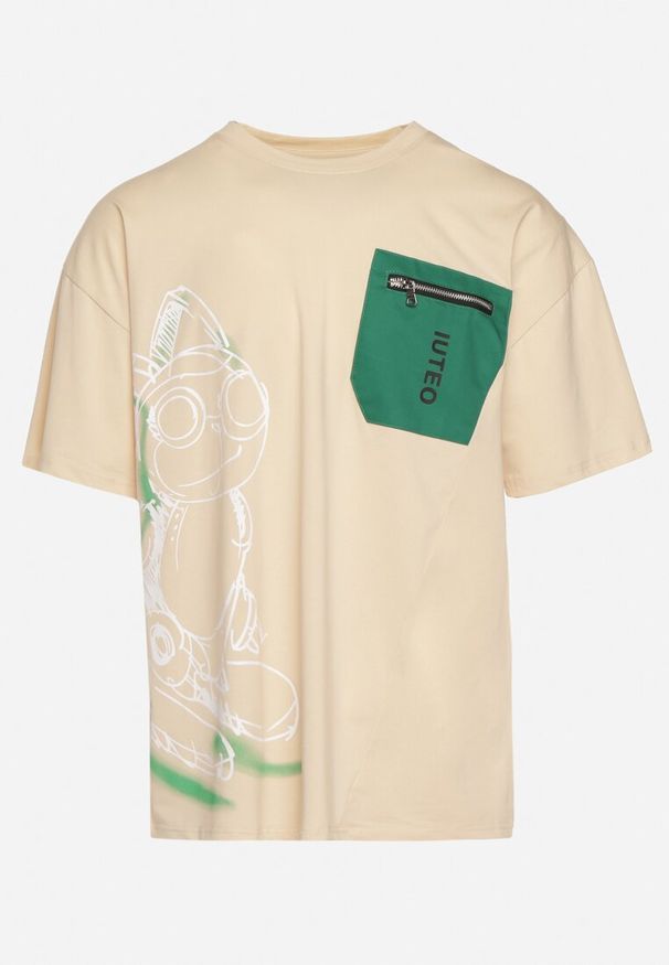 Born2be - Beżowa Klasyczna Bawełniana Koszulka z Nadrukiem i Kieszonką na Suwak Aliccia. Okazja: na co dzień. Kolor: beżowy. Materiał: bawełna. Wzór: nadruk. Sezon: wiosna, lato. Styl: klasyczny