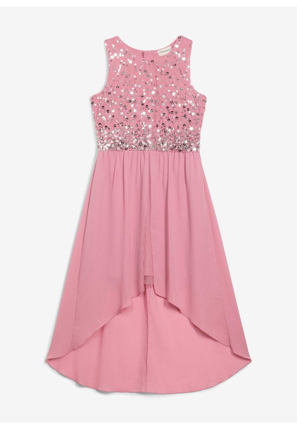 bonprix - Sukienka z dłuższym tyłem. Kolor: różowy. Materiał: materiał. Długość rękawa: krótki rękaw. Styl: elegancki