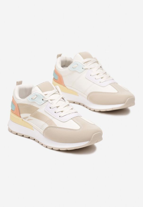 Born2be - Beżowo-Białe Sneakersy z Kolorowymi Wstawkami Rawilo. Kolor: beżowy. Materiał: dresówka, jeans. Wzór: kolorowy