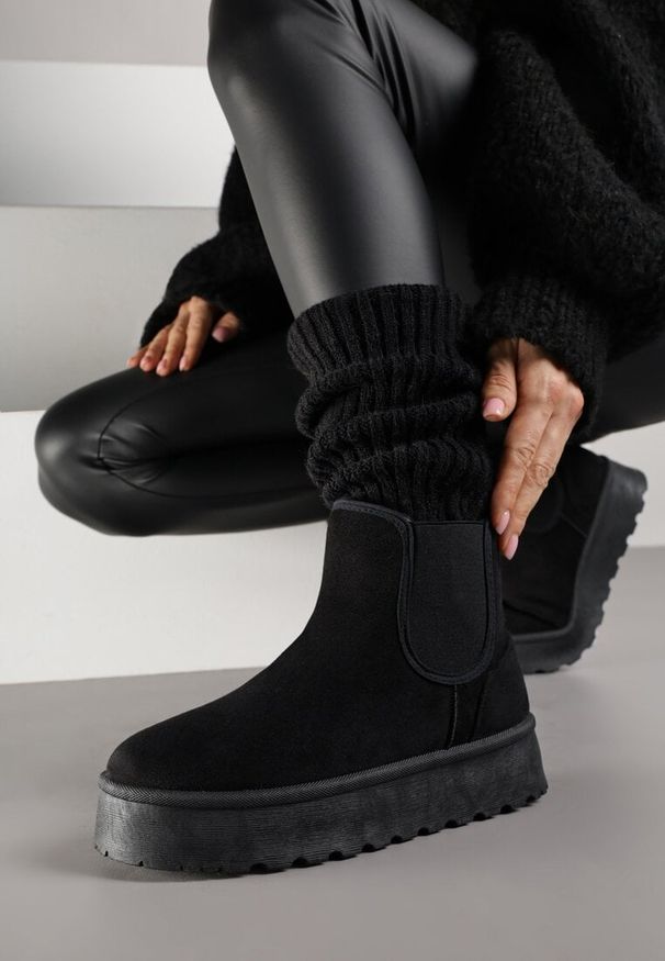 Born2be - Czarne Śniegowce na Grubej Podeszwie w Stylu Sztybletów Avrenna. Okazja: na co dzień. Kolor: czarny. Materiał: jeans. Styl: casual, klasyczny