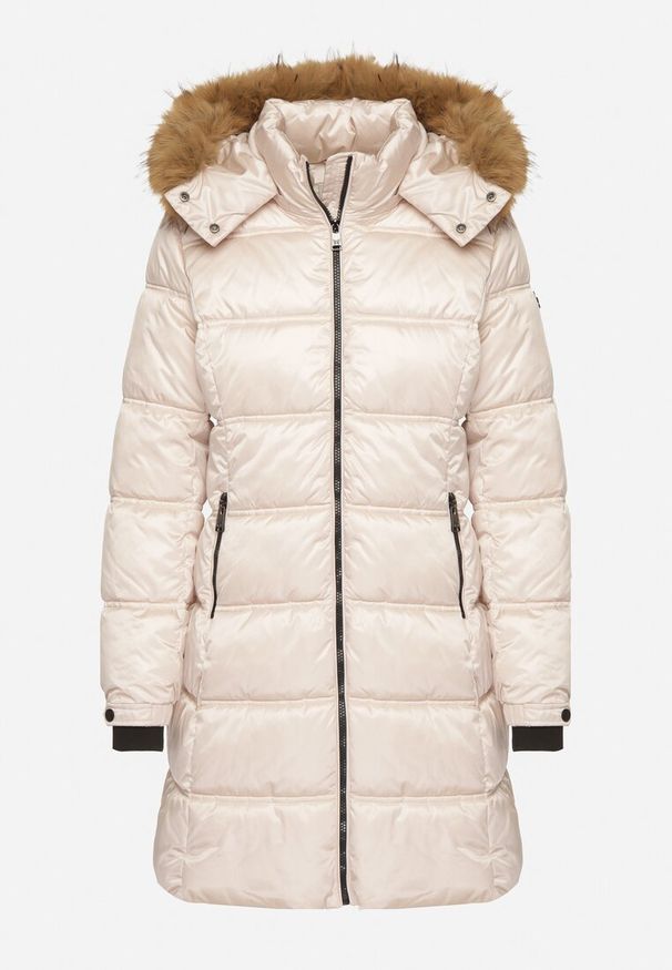 Born2be - Beżowa Długa Kurtka Pikowana z Kapturem z Futrem z Możliwością Odpięcia Feneia. Okazja: na co dzień. Typ kołnierza: kaptur. Kolor: beżowy. Materiał: futro. Długość: długie. Styl: casual