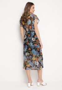 Born2be - Czarno-Niebieska Sukienka Rozkloszowana Midi w Kwiatowy Print Nelettia. Okazja: do pracy, na imprezę. Kolor: czarny. Materiał: skóra. Wzór: nadruk, kwiaty. Styl: elegancki. Długość: midi #7
