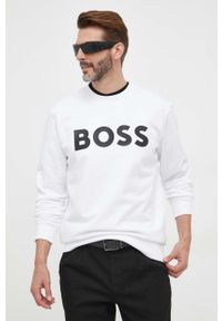 BOSS bluza bawełniana męska kolor biały z nadrukiem. Kolor: biały. Materiał: bawełna. Wzór: nadruk. Styl: klasyczny