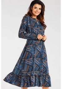 Awama - Sukienka rozkloszowana koszulowa z falbaną granatowa szmizjerka. Okazja: na imprezę, na co dzień. Kolor: niebieski. Typ sukienki: szmizjerki, koszulowe. Styl: casual, wizytowy