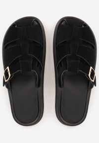 Renee - Czarne Klapki z Zakrytym Noskiem i Ozdobnymi Paskami z Klamerką Themine. Kolor: czarny. Materiał: nubuk, koronka. Sezon: lato #5