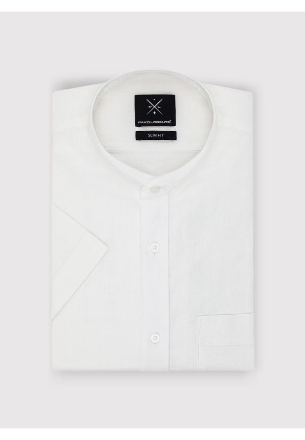 Pako Lorente - PAKO LORENTE - Lniana biała koszula męska ze stójką. Typ kołnierza: kołnierzyk stójkowy. Kolor: biały, czarny. Materiał: len. Długość rękawa: krótki rękaw. Długość: krótkie. Wzór: gładki