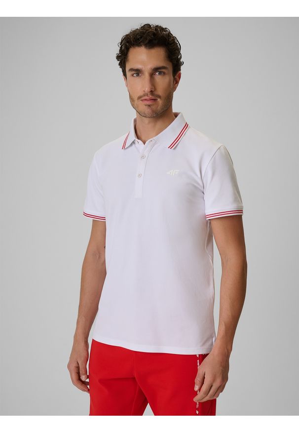 4f - 4F Koszulka kibica polo męska - biała XL. Okazja: na co dzień. Typ kołnierza: polo. Kolor: biały. Materiał: materiał, bawełna, dzianina. Styl: casual, klasyczny