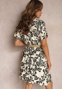 Renee - Beżowo-Czarna Boho Sukienka z Koszulową Górą z Trójkątnym Dekoltem i Ornamentalnym Wzorem Tonetta. Kolor: beżowy. Materiał: tkanina. Sezon: lato. Typ sukienki: koszulowe. Styl: boho #5