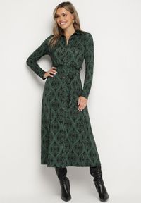 Born2be - Zielona Koszulowa Sukienka z Wiskozą w Ornamentalny Wzór z Wiązanym Paskiem Evathria. Okazja: na co dzień. Kolor: zielony. Materiał: wiskoza. Typ sukienki: koszulowe. Styl: casual, elegancki, klasyczny #1