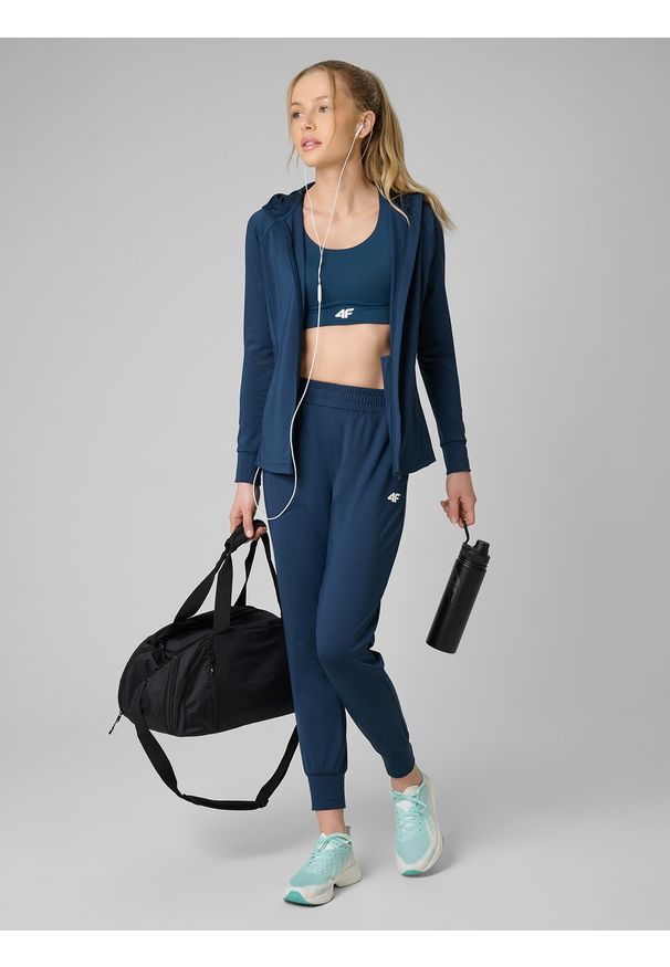 4f - 4F Bluza treningowa slim z kapturem damska - turkusowa M. Typ kołnierza: kaptur. Kolor: turkusowy. Materiał: skóra, materiał, elastan. Długość rękawa: raglanowy rękaw. Styl: sportowy