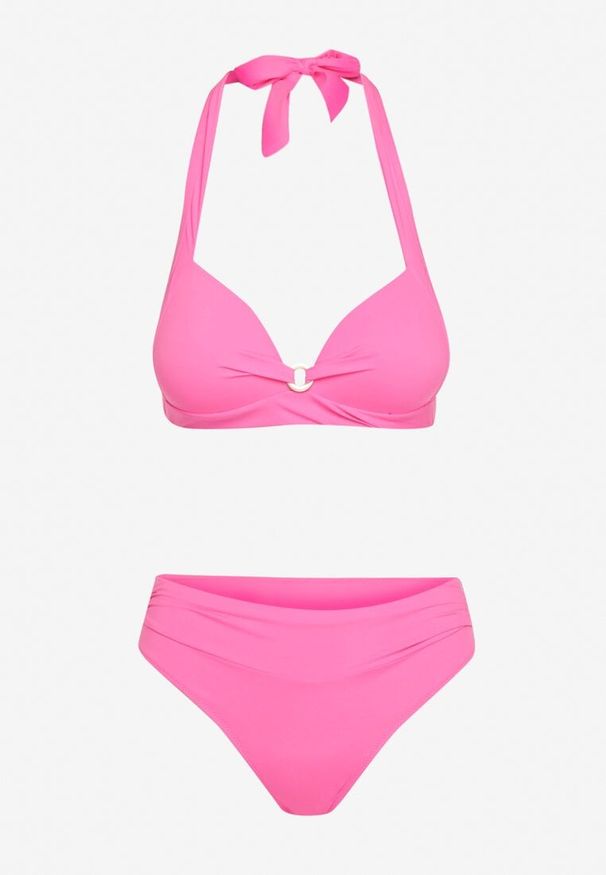Born2be - Fuksjowe Bikini z Usztywnianym Biustonoszem Wiązanym na Szyi i Plecach Majtki Typu Figi Olilasa. Kolor: różowy. Wzór: aplikacja