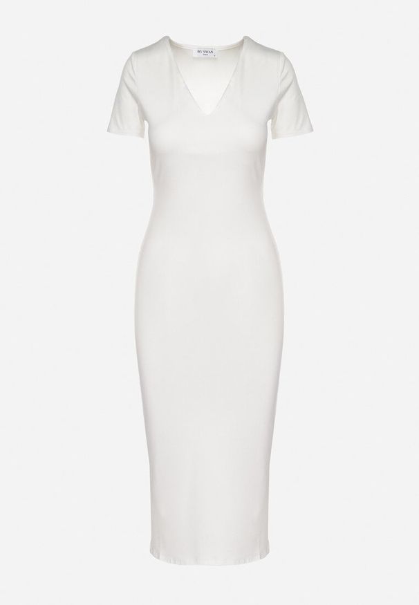 Born2be - Biała Sukienka Dopasowana Bodycon z Dekoltem w Serek Efricene. Okazja: na co dzień. Typ kołnierza: dekolt w serek. Kolor: biały. Materiał: jeans. Długość rękawa: krótki rękaw. Typ sukienki: bodycon. Styl: klasyczny, casual