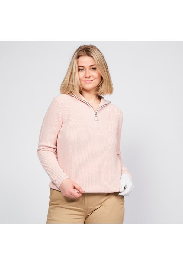 INESIS - Sweter do golfa damski Inesis MW500. Typ kołnierza: golf. Kolor: różowy. Materiał: bawełna, materiał. Wzór: ze splotem. Styl: elegancki, sportowy