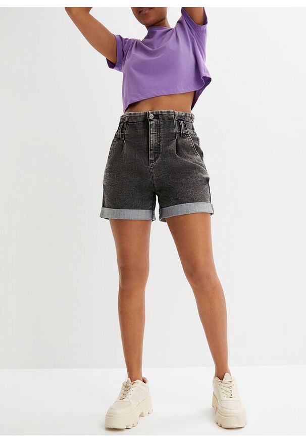 bonprix - Szorty dżinsowe paperbag. Kolor: czarny