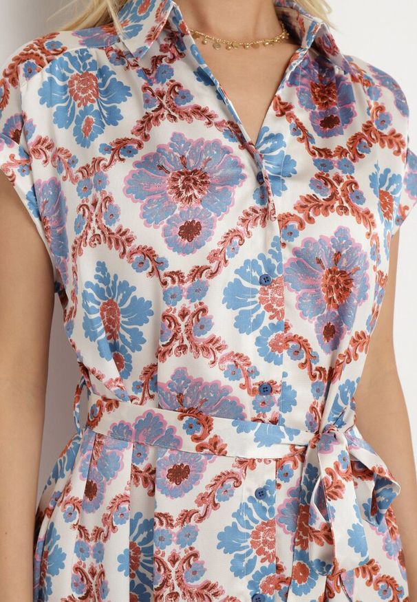 Born2be - Niebiesko-Pomarańczowa Koszulowa Boho Sukienka z Wiskozą na Guziki z Paskiem Hosofia. Kolor: niebieski. Materiał: wiskoza. Sezon: lato. Typ sukienki: koszulowe. Styl: boho
