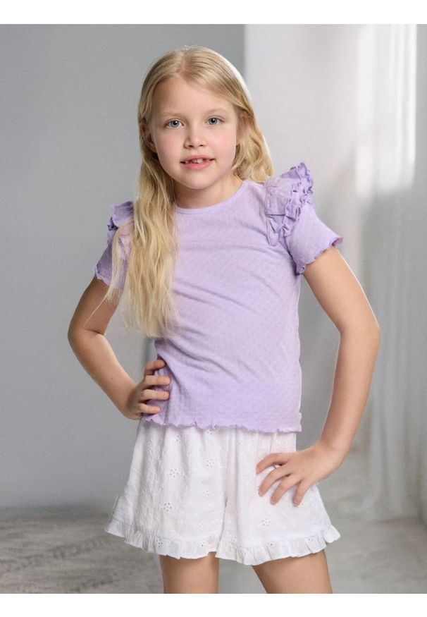 Sinsay - Koszulka z ozdobnymi falbanami na rękawach - fioletowy. Kolor: fioletowy