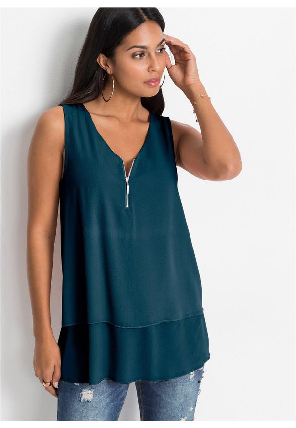 bonprix - Top z zamkiem. Typ kołnierza: dekolt w serek. Kolor: niebieski. Materiał: wiskoza