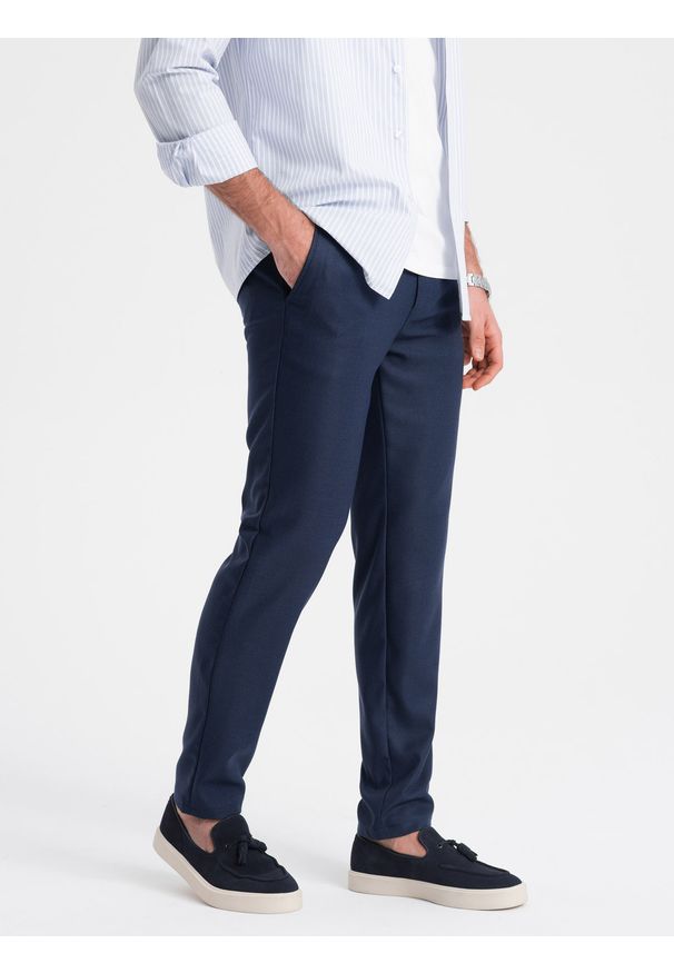 Ombre Clothing - Spodnie męskie klasyczne chino SLIM FIT - granatowe V1 - Rozmiar: S. Kolor: niebieski. Materiał: poliester. Styl: klasyczny
