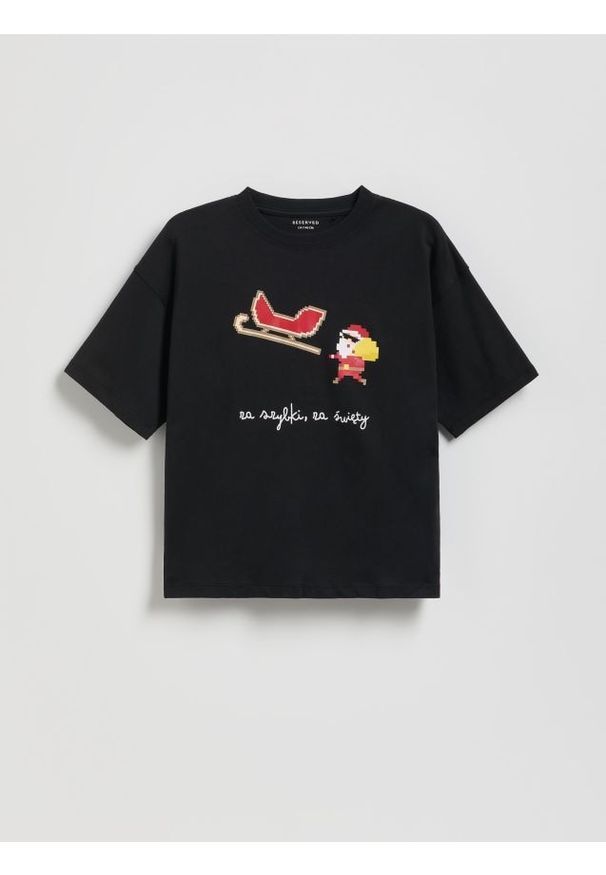 Reserved - Świąteczny t-shirt - ciemnoszary. Kolor: szary. Materiał: dzianina, bawełna. Styl: wizytowy