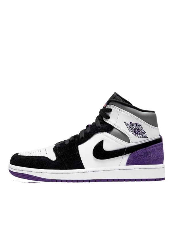 Jordan - Buty do chodzenia męskie Nike Buty Męskie 1 Mid SE. Wysokość cholewki: za kostkę. Zapięcie: sznurówki. Kolor: biały, fioletowy, wielokolorowy. Materiał: guma, syntetyk, materiał. Szerokość cholewki: normalna. Sport: turystyka piesza