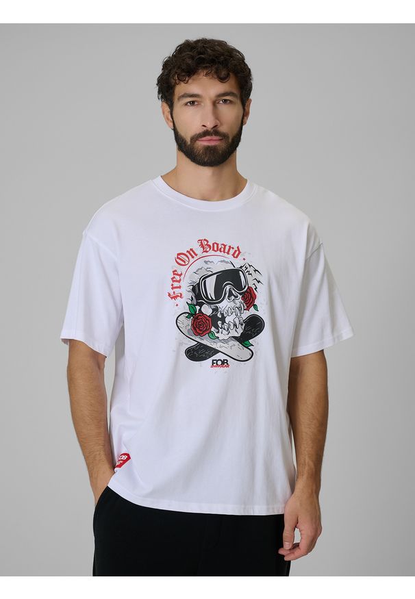4f - 4F T-shirt loose z nadrukiem męski - biały L. Okazja: na co dzień. Kolor: biały. Materiał: dzianina, bawełna, materiał. Wzór: nadruk. Styl: casual