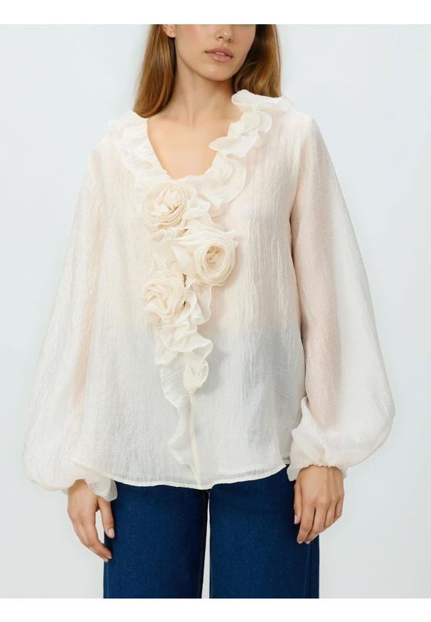 Reserved - Bluzka z falbaną - złamana biel. Materiał: tkanina