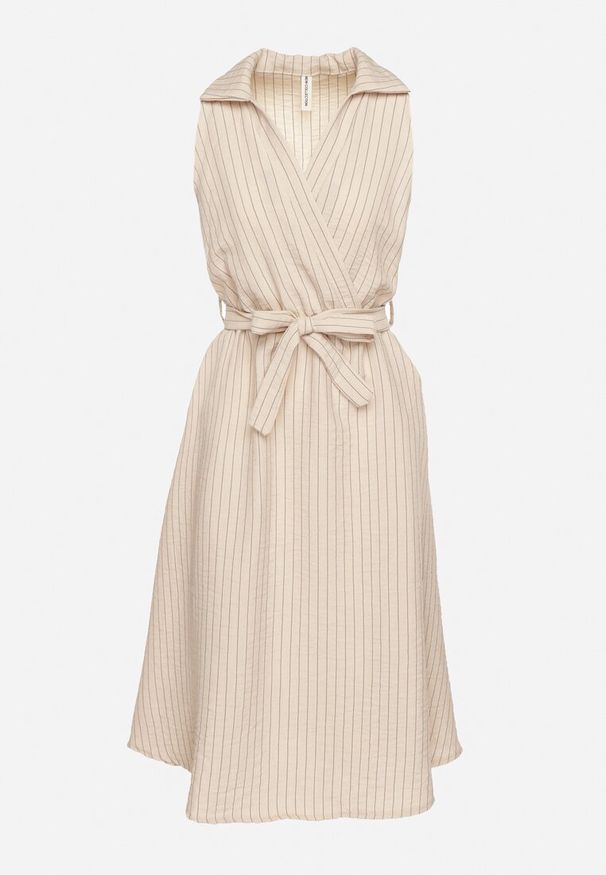 Born2be - Beżowa Sukienka o Koszulowym Kroju Bez Rękawów z Wiązanym Paskiem Liriora. Okazja: na co dzień. Typ kołnierza: dekolt w kształcie V. Kolor: beżowy. Długość rękawa: bez rękawów. Typ sukienki: koszulowe. Styl: casual, klasyczny