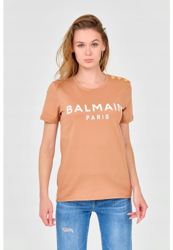Balmain - BALMAIN Brązowy damski t-shirt z guzikami. Kolor: brązowy. Materiał: bawełna