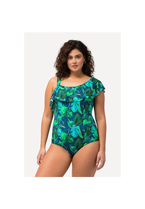 ULLA POPKEN - Damski Strój kąpielowy dżungla miękkie miseczki falbana. Kolekcja: plus size. Kolor: niebieski. Materiał: elastan, poliamid, materiał