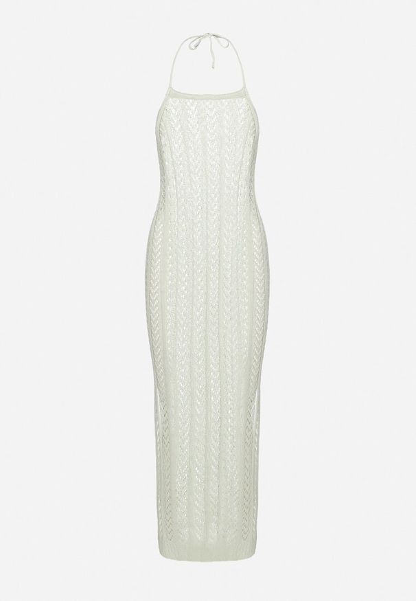 Born2be - Zielona Dopasowana Sukienka Ażurowa z Wiązaniem i Rozcięciami Irvalia. Kolor: zielony. Wzór: ażurowy. Styl: klasyczny