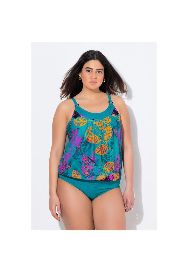 ULLA POPKEN - Damskie Tankini liście miękkie miseczki regulowane ramiączka. Kolekcja: plus size. Kolor: wielokolorowy, niebieski, turkusowy. Materiał: poliamid, poliester, materiał, elastan