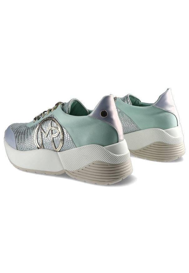 Massimo POLI - Miętowe Sneakersy Massimo Poli Damskie Modne Buty. Kolor: zielony. Materiał: zamsz, skóra. Szerokość cholewki: normalna. Wzór: aplikacja. Obcas: na platformie