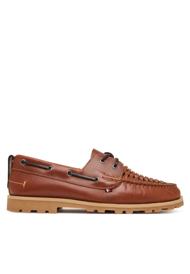 TOMMY HILFIGER - Tommy Hilfiger Półbuty Hilfiger Braided Lth Boat Shoe FM0FM05892 Brązowy. Kolor: brązowy. Materiał: skóra