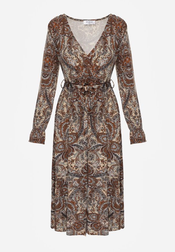 Born2be - Brązowo-Beżowa Sukienka z Gumką w Pasie i Wzorem Paisley Faendra. Kolor: brązowy. Materiał: materiał. Długość rękawa: długi rękaw. Wzór: paisley. Typ sukienki: kopertowe
