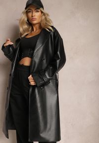 Renee - Czarny Dwurzędowy Płaszcz z Imitacji Skóry z Paskiem Dyrine. Kolor: czarny. Materiał: skóra. Sezon: jesień, wiosna #4