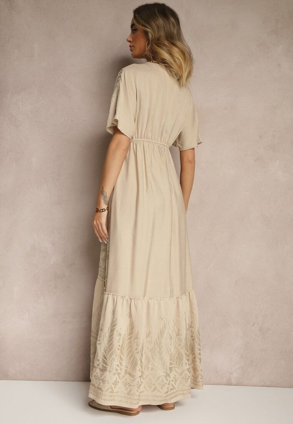 Renee - Beżowa Wiskozowa Sukienka Boho o Kopertowym Kroju z Metalicznym Haftem Redeselle. Okazja: na co dzień. Typ kołnierza: dekolt w serek. Kolor: beżowy. Materiał: wiskoza. Wzór: haft. Typ sukienki: kopertowe. Styl: boho