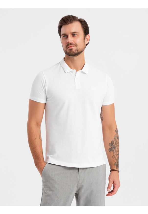 Ombre Clothing - Komplet męskich t-shirtów bawełnianych polo BASIC – granatowy/biały/czerwony V3. Typ kołnierza: polo. Kolor: czerwony. Materiał: bawełna. Wzór: haft. Styl: klasyczny, sportowy